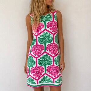 London Times Pink Green Geometric Floral Shift Dress 12 Preppy Mod Summer